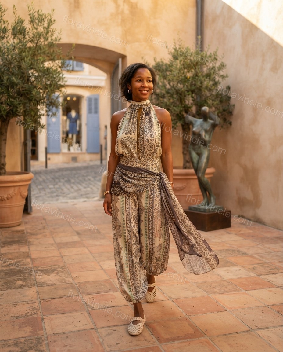 Ivory Whisper Resort Dinner Paisley Jumpsuit Ivory Jumpsuit with Wide-Leg silhouette and Textured texture, fabric and construction detail for Pre-Fall, an office-to-dinner transition, Fall current summer selling first with a light late-summer/pre-fall acc by floravincie