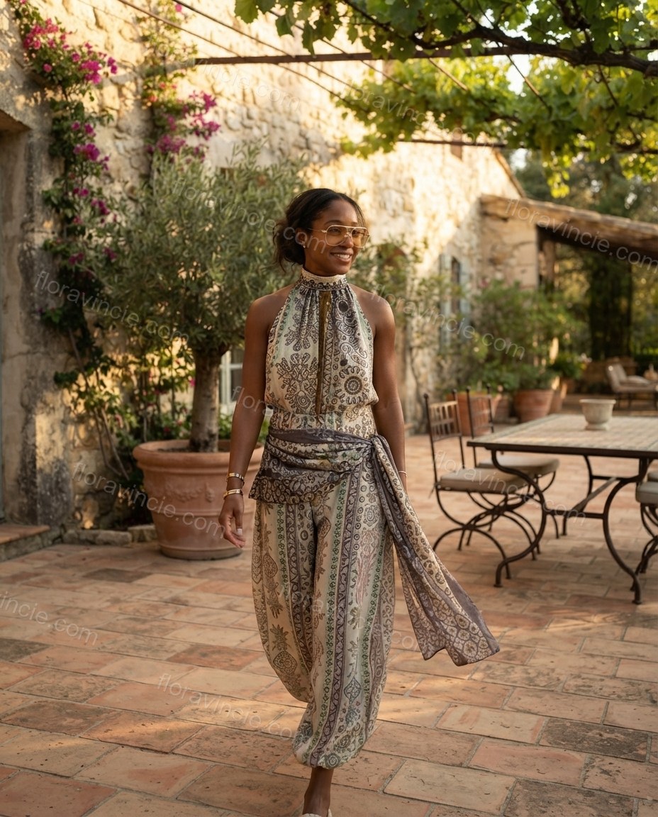 Ivory Whisper Resort Dinner Paisley Jumpsuit Ivory Jumpsuit with Wide-Leg silhouette and Textured texture, editorial ecommerce scene for Pre-Fall, an office-to-dinner transition, Fall current summer selling first with a light late-summer/pre-fall accent: by floravincie