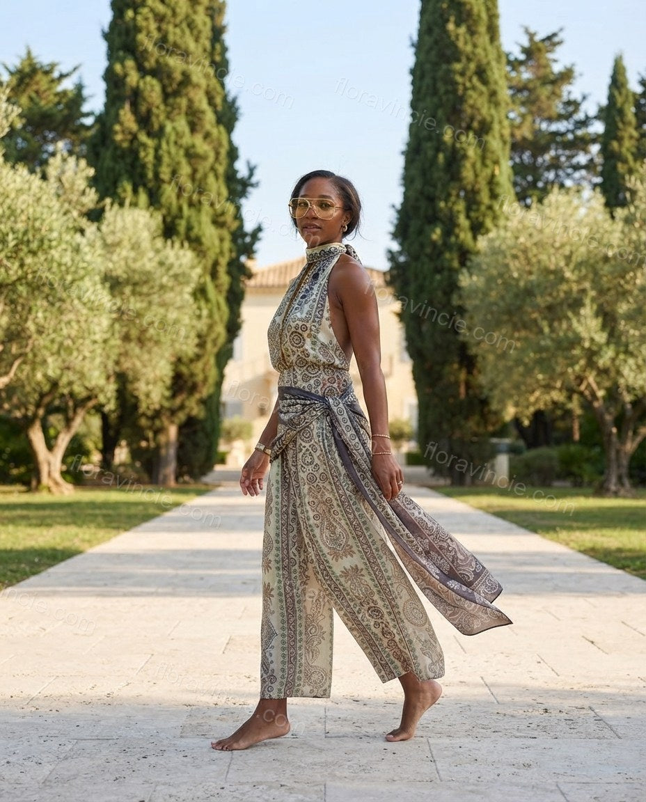 Ivory Whisper Resort Dinner Paisley Jumpsuit Ivory Jumpsuit with Wide-Leg silhouette and Textured texture, side or back garment view for Pre-Fall, an office-to-dinner transition, Fall current summer selling first with a light late-summer/pre-fall accent: by floravincie