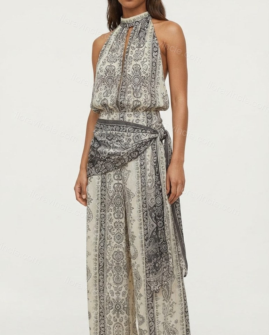 Ivory Whisper Resort Dinner Paisley Jumpsuit Ivory Jumpsuit with Wide-Leg silhouette and Textured texture, additional styling view for Pre-Fall, an office-to-dinner transition, Fall current summer selling first with a light late-summer/pre-fall accent: ma by floravincie