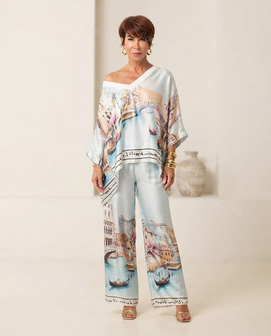 Light Blue Aura Vacation Edit Printed Pant Set Light Blue Pant Set with Asymmetric silhouette and Satin texture, side or back garment view for Pre-Fall, an office-to-dinner transition, Fall current summer selling first with a light late-summer/pre-fall ac by floravincie