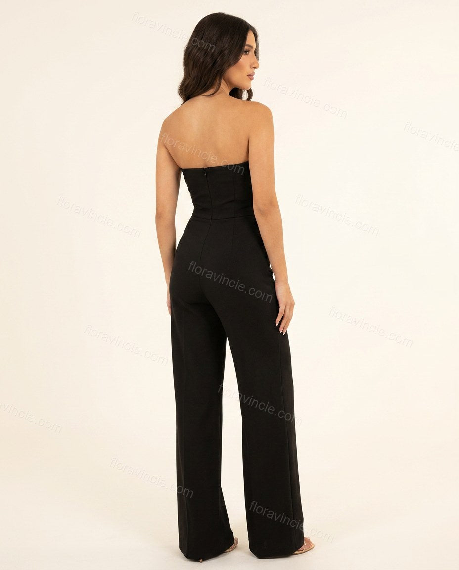 Black Modern Textured Strapless Jumpsuit by floravincie