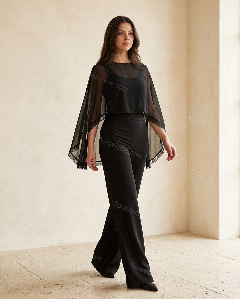 Black Sleek Lace Pant Set by floravincie