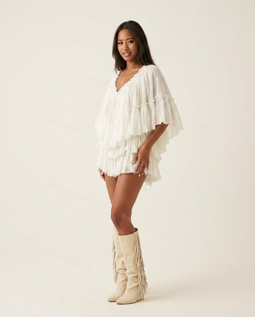 Ivory Refined Tiered V-Neck Romper by floravincie