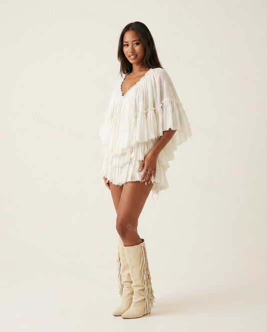 Ivory Refined Tiered V-Neck Romper by floravincie