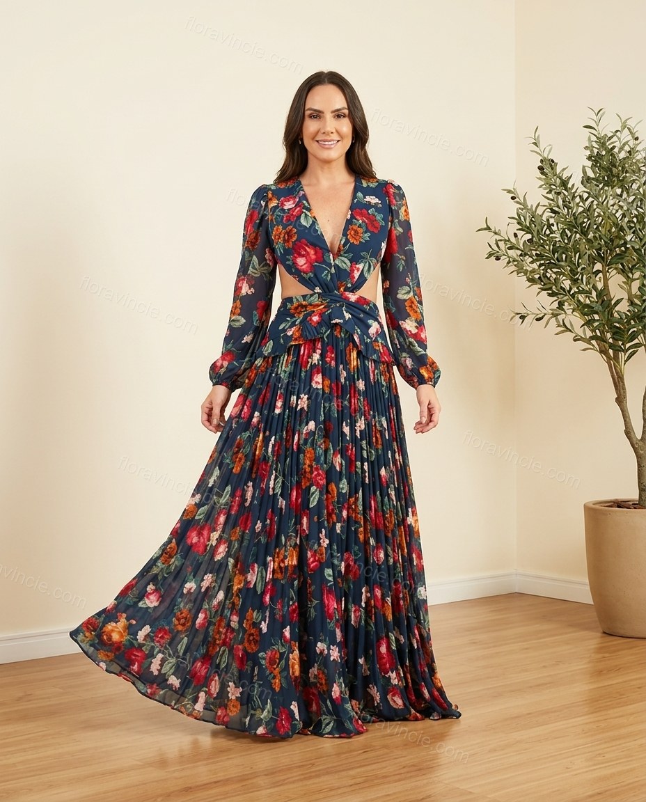 Navy Blue Soft Floral Maxi Dress by floravincie