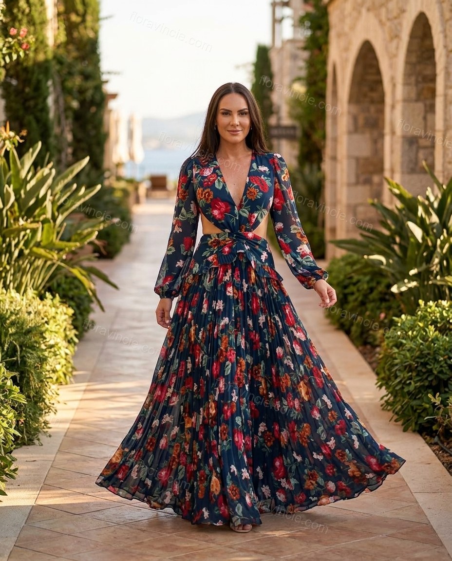Navy Blue Soft Floral Maxi Dress by floravincie