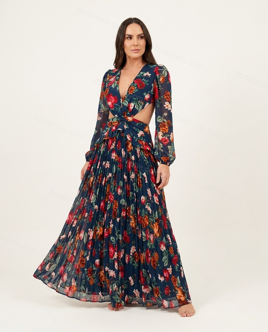 Navy Blue Soft Floral Maxi Dress by floravincie