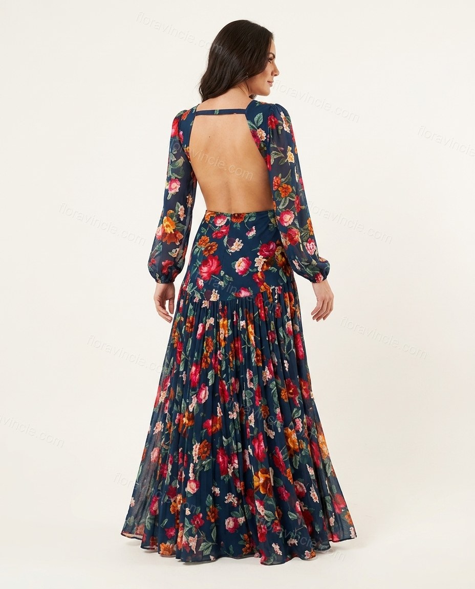 Navy Blue Soft Floral Maxi Dress by floravincie