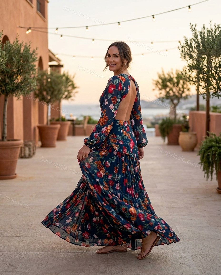 Navy Blue Soft Floral Maxi Dress by floravincie
