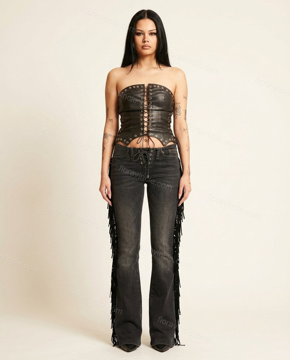 Black Polished Denim Two-Piece Set by Floravincie