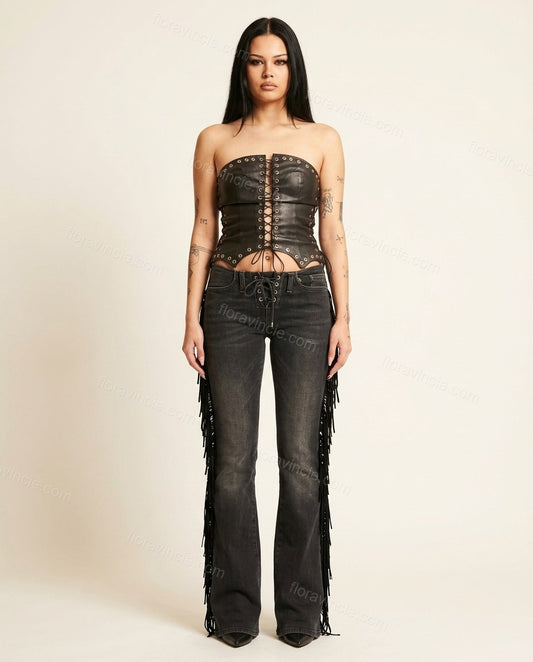 Black Polished Denim Two-Piece Set by Floravincie