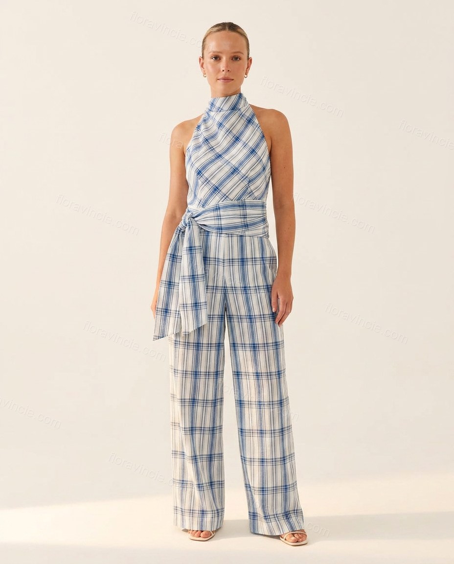 White Polished Textured Halter Jumpsuit by Floravincie