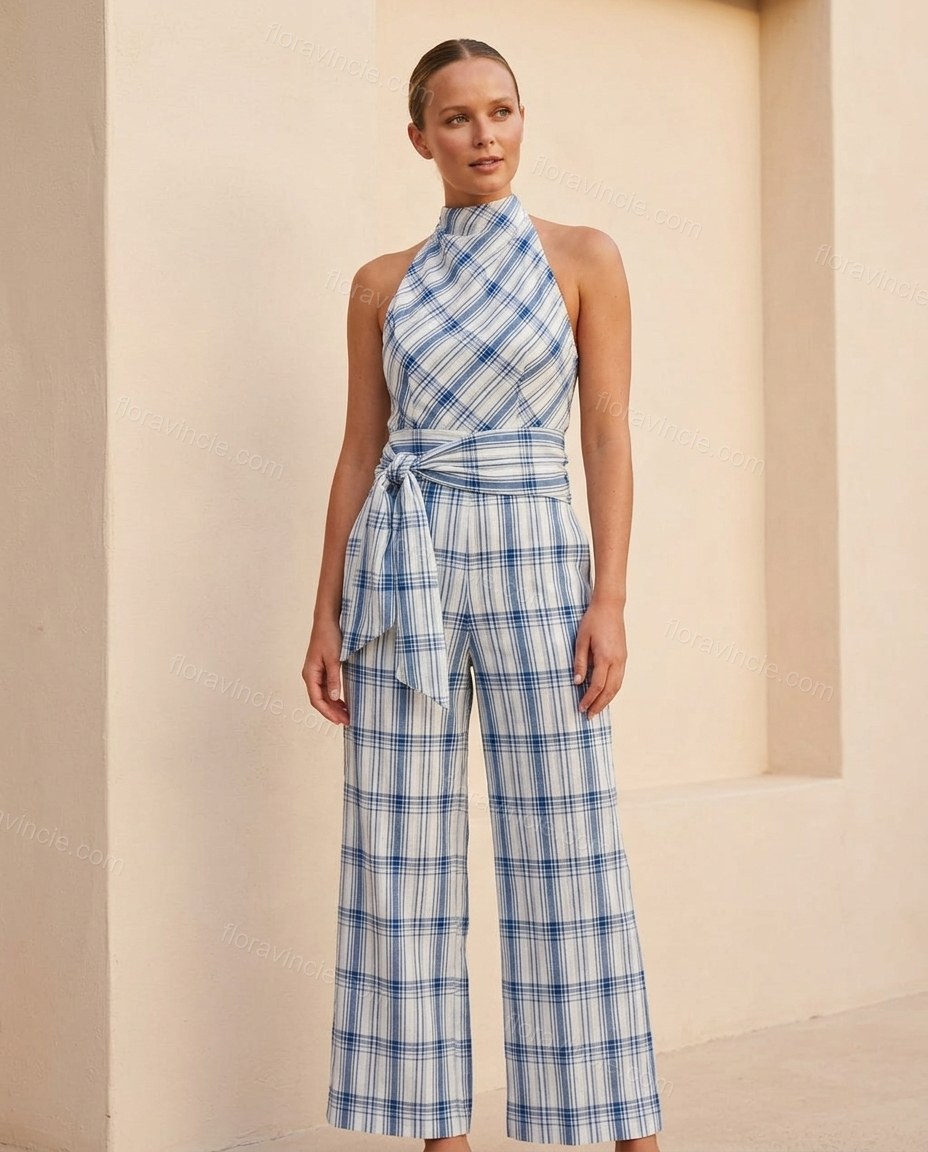 White Polished Textured Halter Jumpsuit by Floravincie