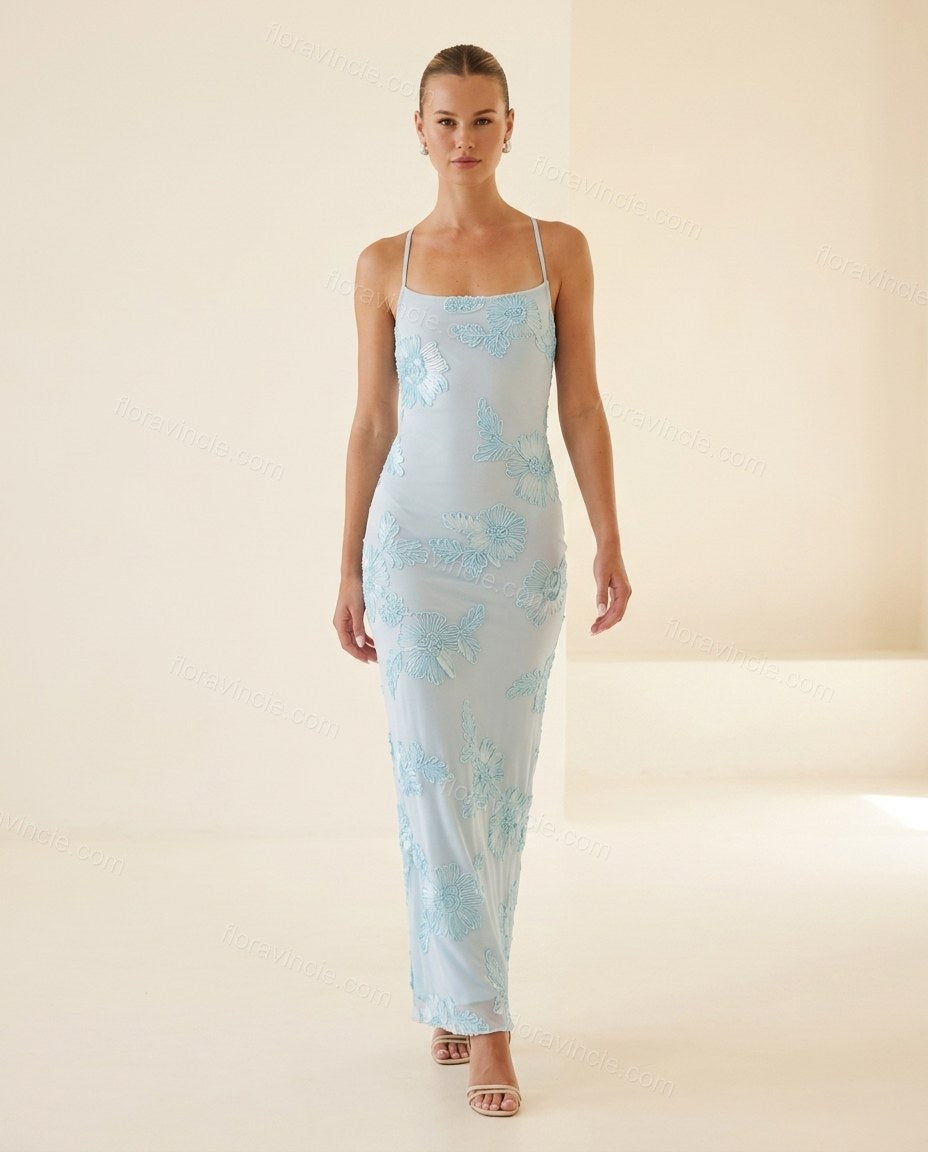 Light Blue Soft Floral Embroidered Maxi Dress by Floravincie