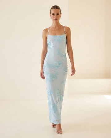 Light Blue Soft Floral Embroidered Maxi Dress by Floravincie