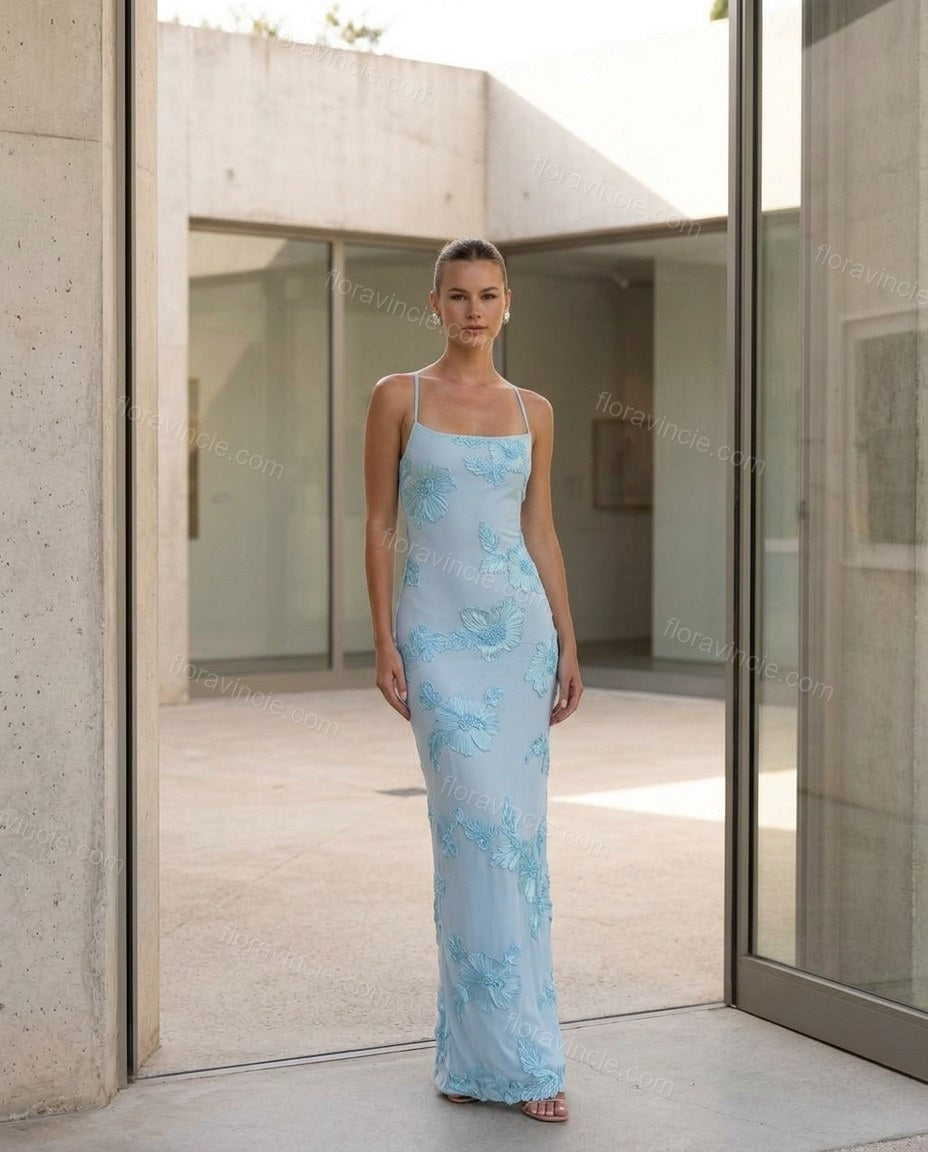 Light Blue Soft Floral Embroidered Maxi Dress by Floravincie