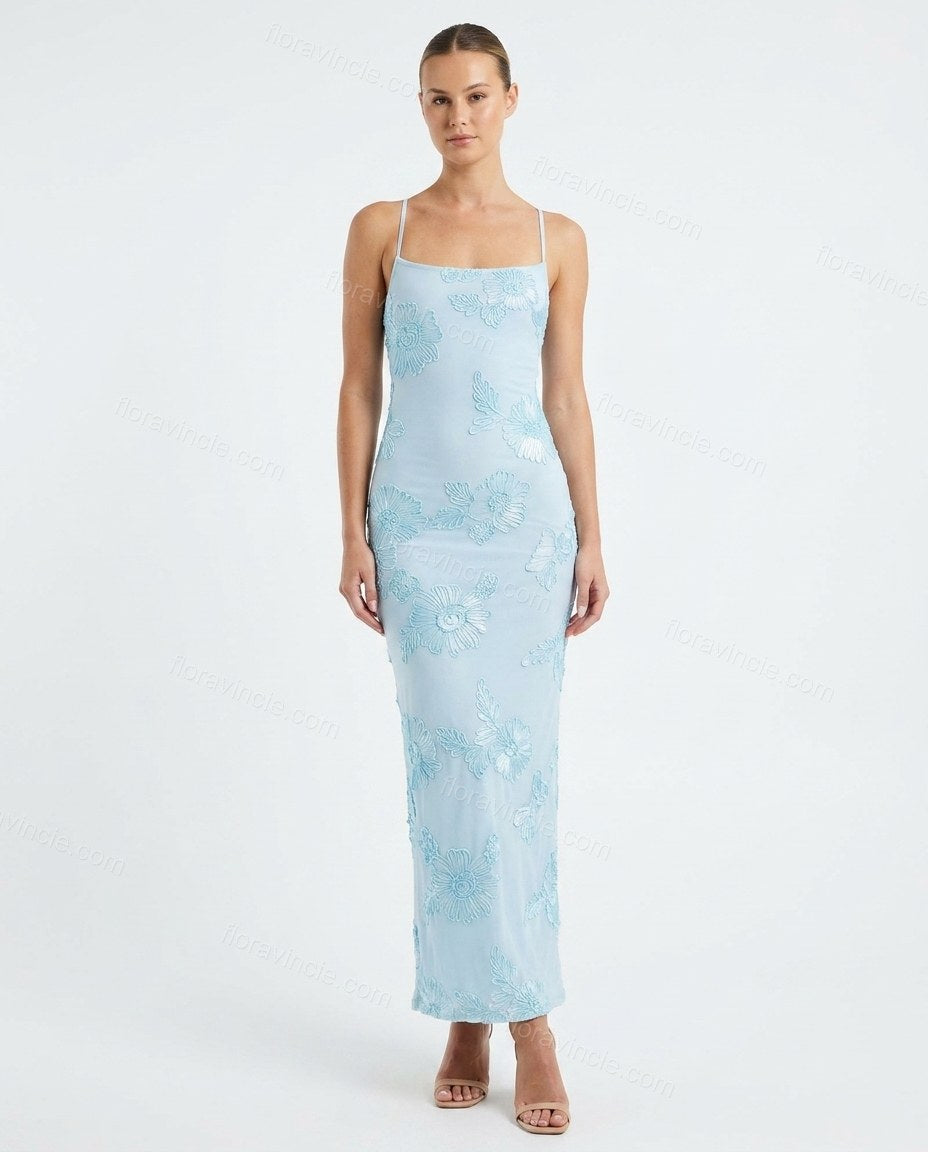 Light Blue Soft Floral Embroidered Maxi Dress by Floravincie
