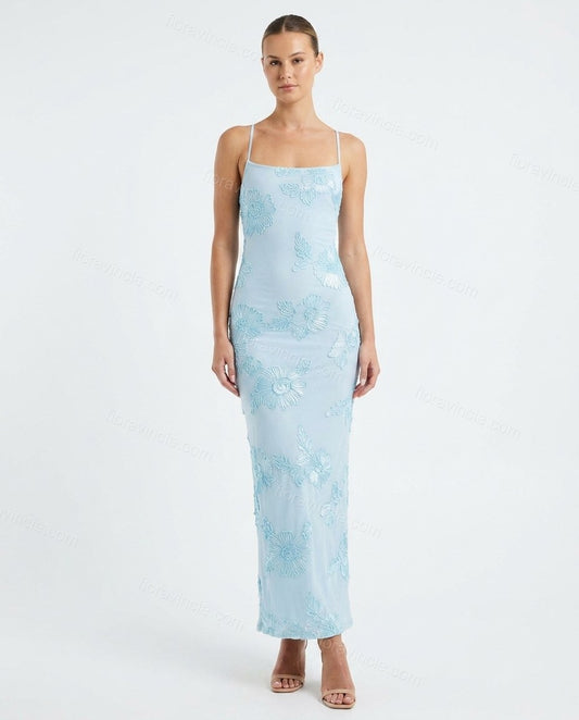 Light Blue Soft Floral Embroidered Maxi Dress by Floravincie