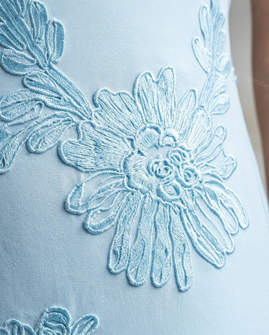 Light Blue Soft Floral Embroidered Maxi Dress by Floravincie