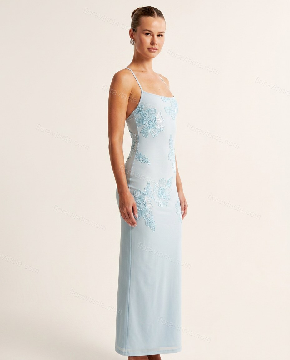 Light Blue Soft Floral Embroidered Maxi Dress by Floravincie