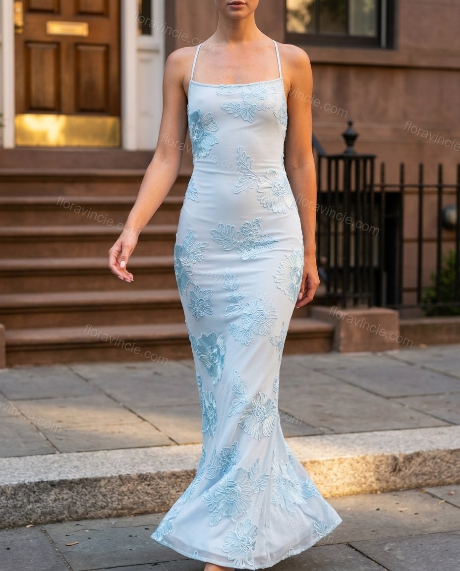 Light Blue Soft Floral Embroidered Maxi Dress by Floravincie