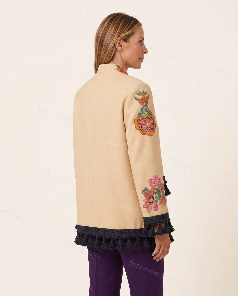 Beige City-Ready Floral Embroidered Jacket by Floravincie