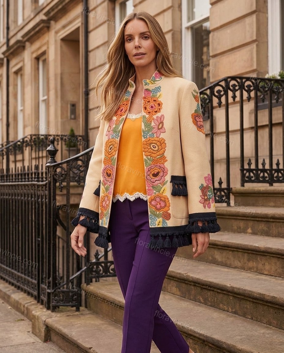 Beige City-Ready Floral Embroidered Jacket by Floravincie