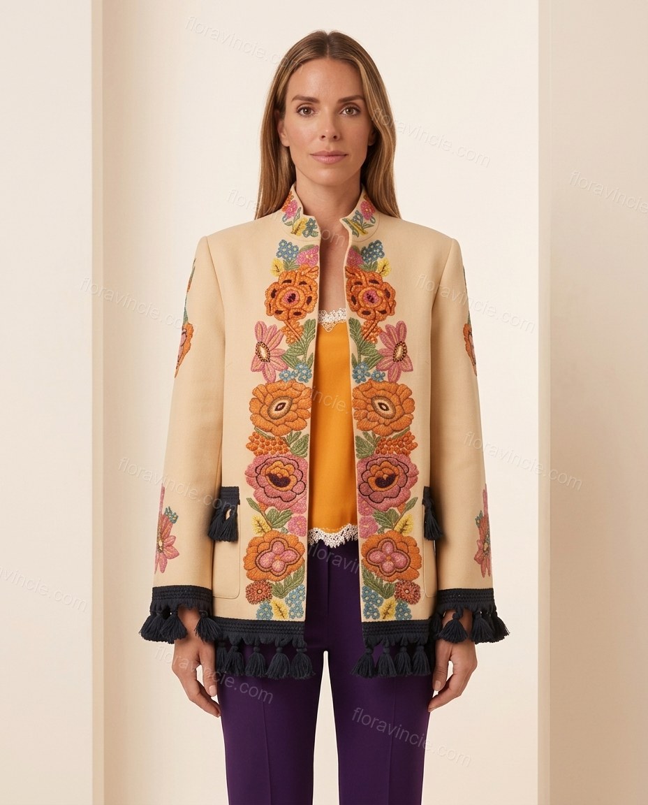 Beige City-Ready Floral Embroidered Jacket by Floravincie