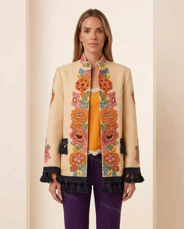 Beige City-Ready Floral Embroidered Jacket by Floravincie