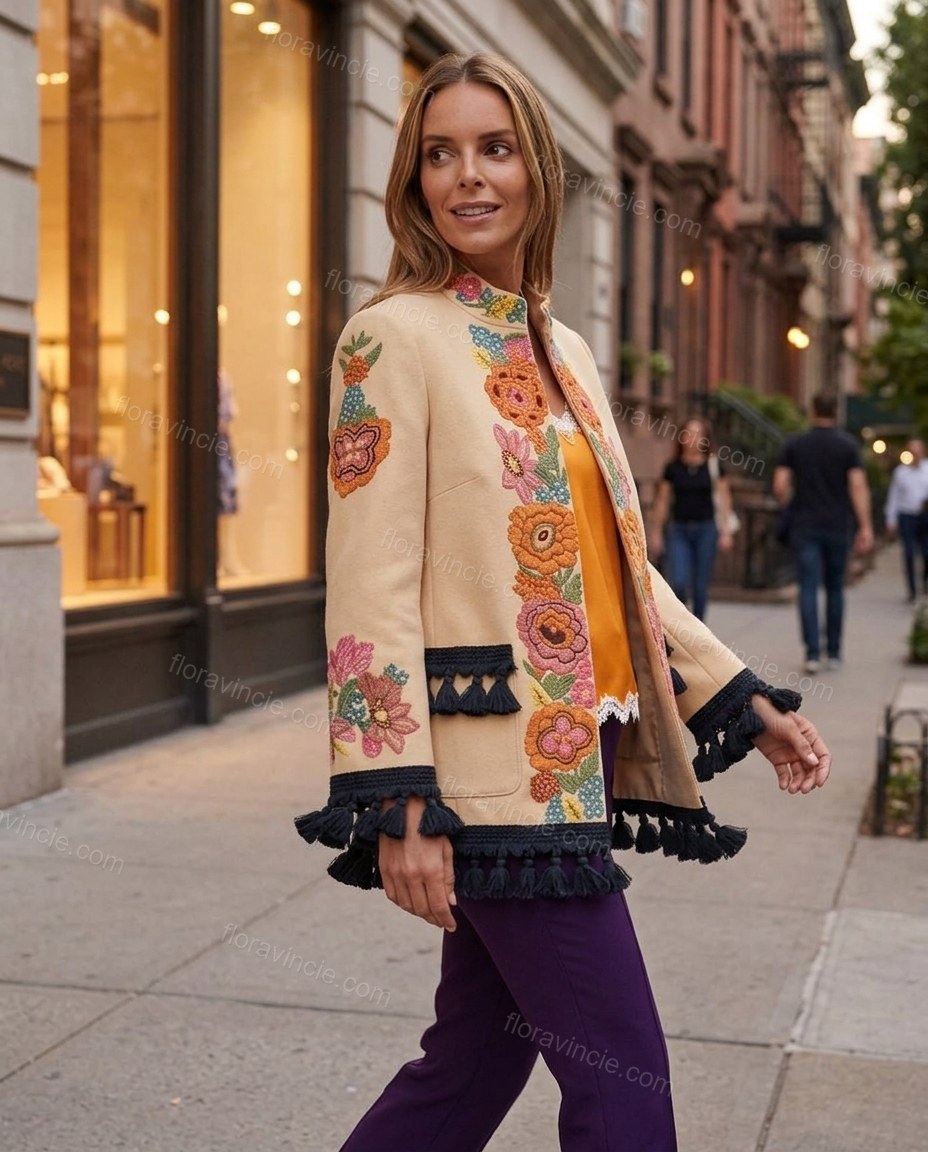 Beige City-Ready Floral Embroidered Jacket by Floravincie