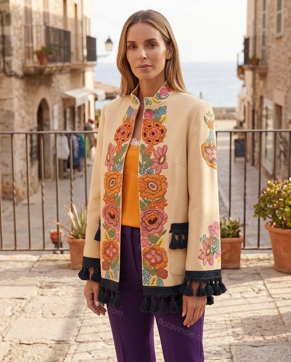 Beige City-Ready Floral Embroidered Jacket by Floravincie