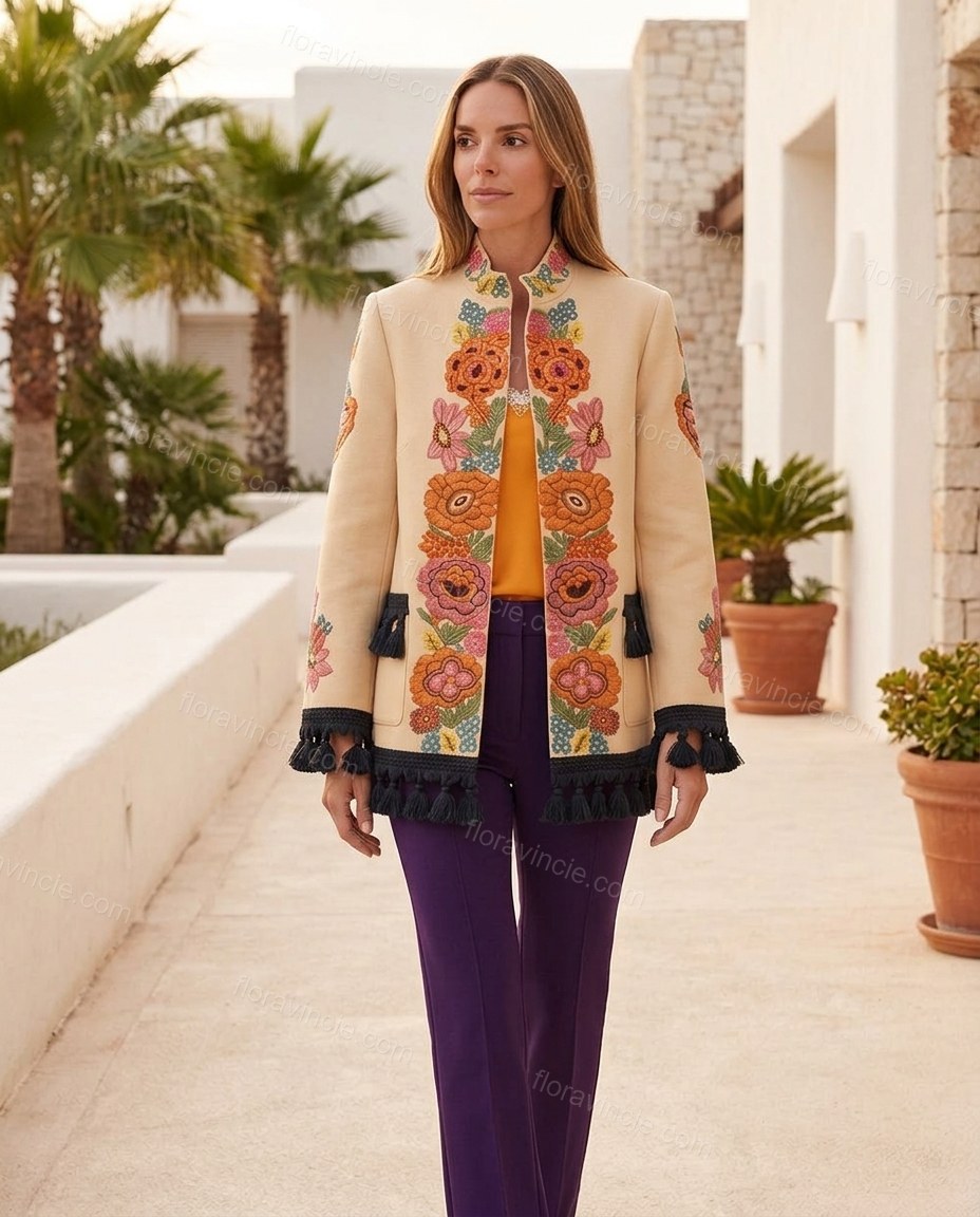 Beige City-Ready Floral Embroidered Jacket by Floravincie