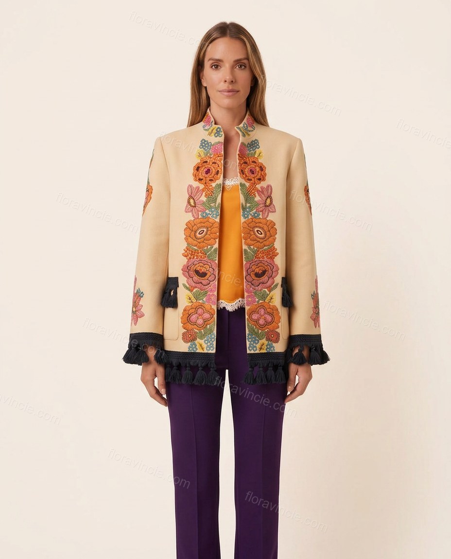 Beige City-Ready Floral Embroidered Jacket by Floravincie