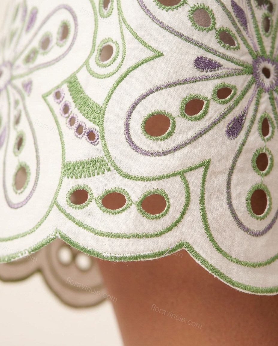 White Floral Eyelet Jacket & Shorts Set, close-up of floral embroidery, eyelet cutwork and scalloped hem, by Floravincie
