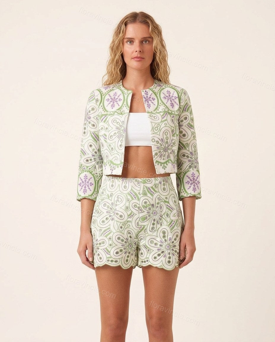 White Floral Eyelet Jacket & Shorts Set, front studio view, by Floravincie