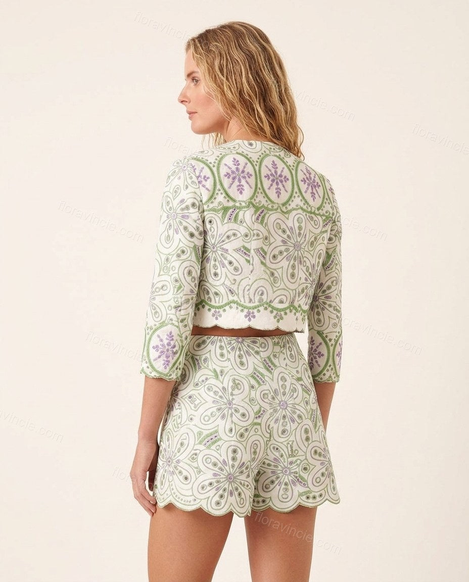 White Floral Eyelet Jacket & Shorts Set, back studio view, by Floravincie