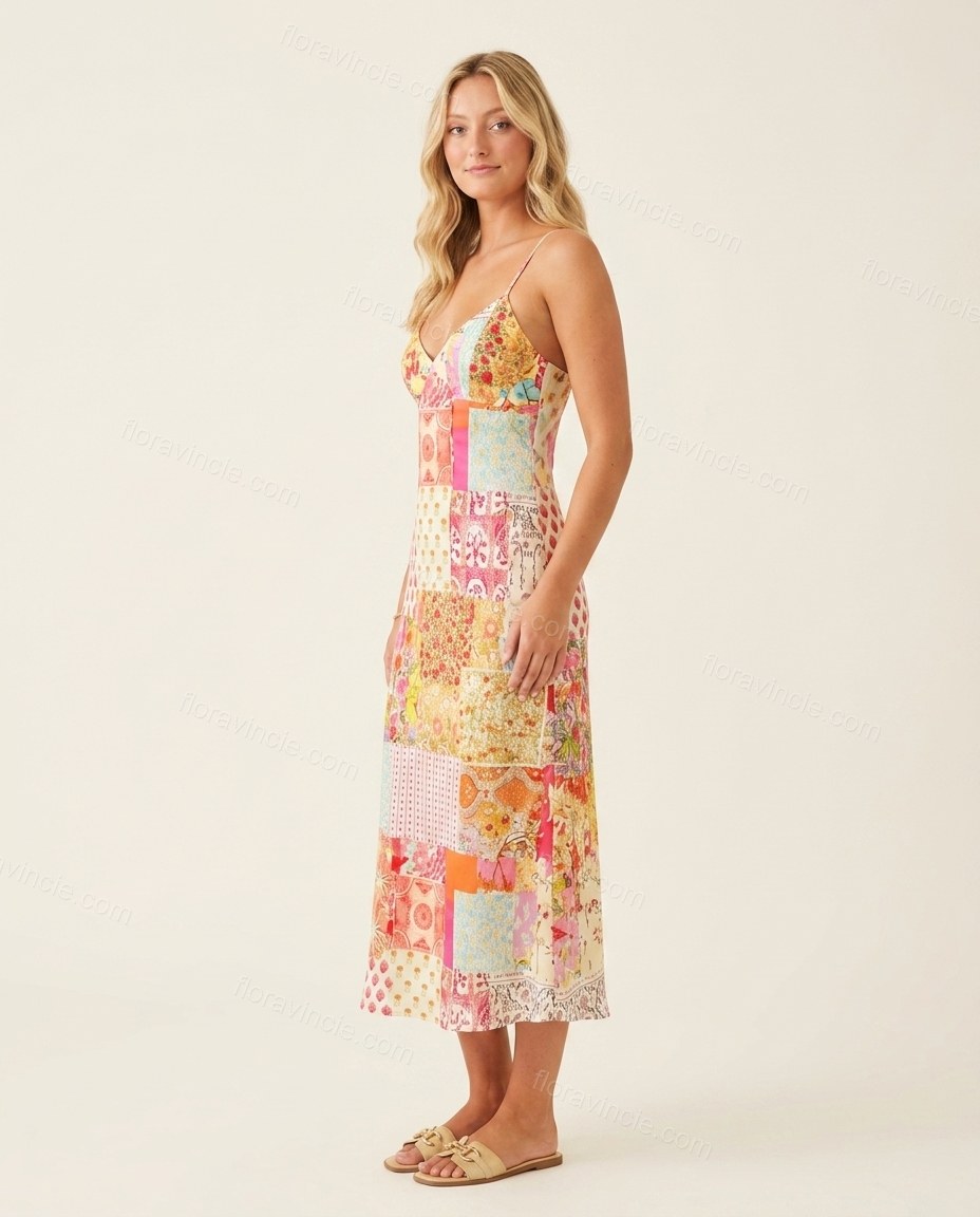 Multi-Color Floral Midi Satin Dress, side and back studio view, by Floravincie