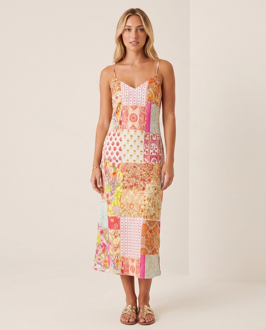 Multi-Color Floral Midi Satin Dress, front studio view, by Floravincie