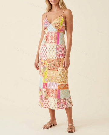 Multi-Color Floral Midi Satin Dress, full-length hero view, by Floravincie