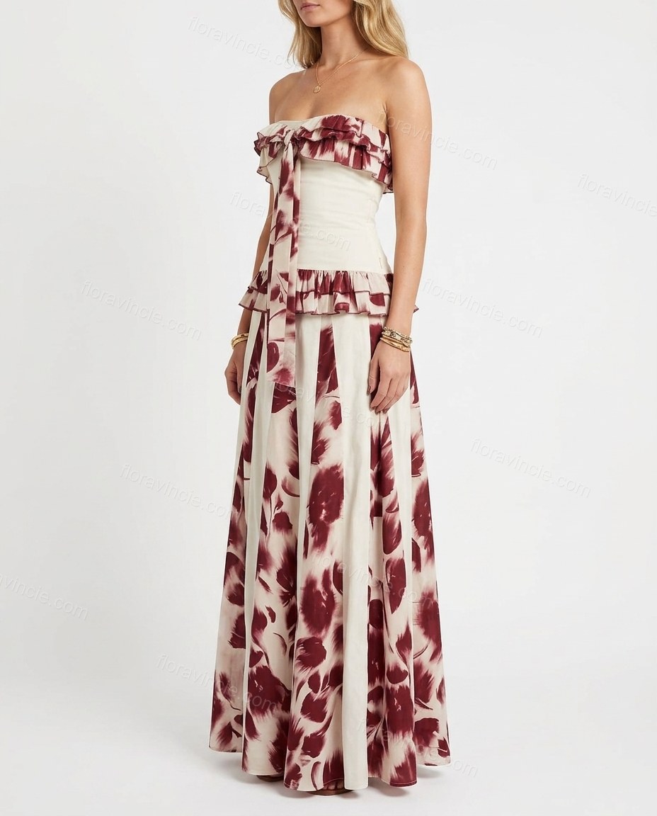 White Floral Maxi Strapless Dress, side and back studio view, by Floravincie
