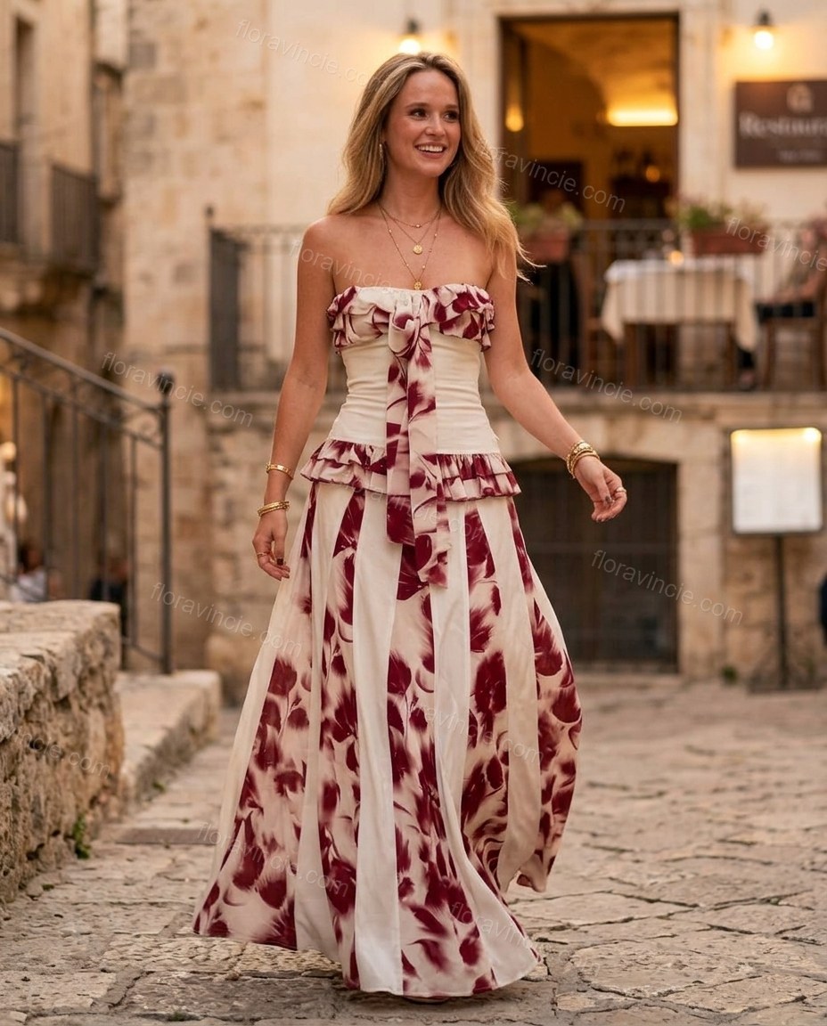 White Floral Maxi Strapless Dress, movement and fit lifestyle view, by Floravincie