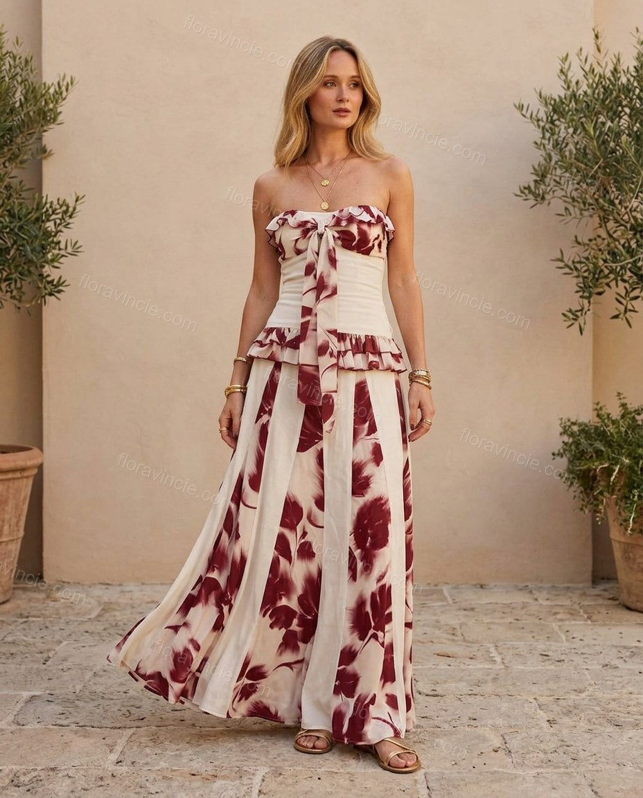 White Floral Maxi Strapless Dress, full-length hero view, by Floravincie