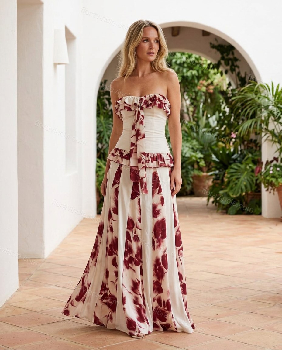 White Floral Maxi Strapless Dress, three-quarter brand lifestyle view, by Floravincie