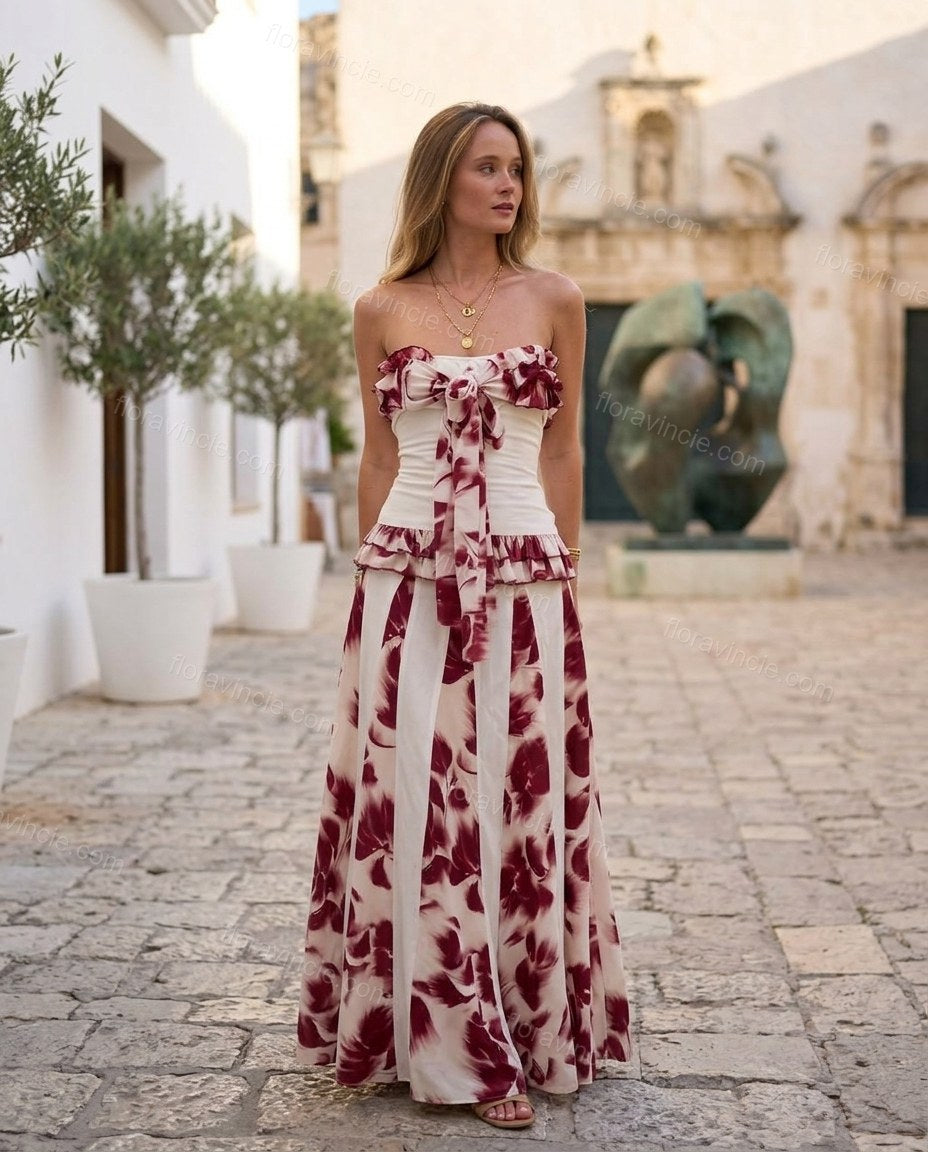 White Floral Maxi Strapless Dress, alternate use-case lifestyle view, by Floravincie