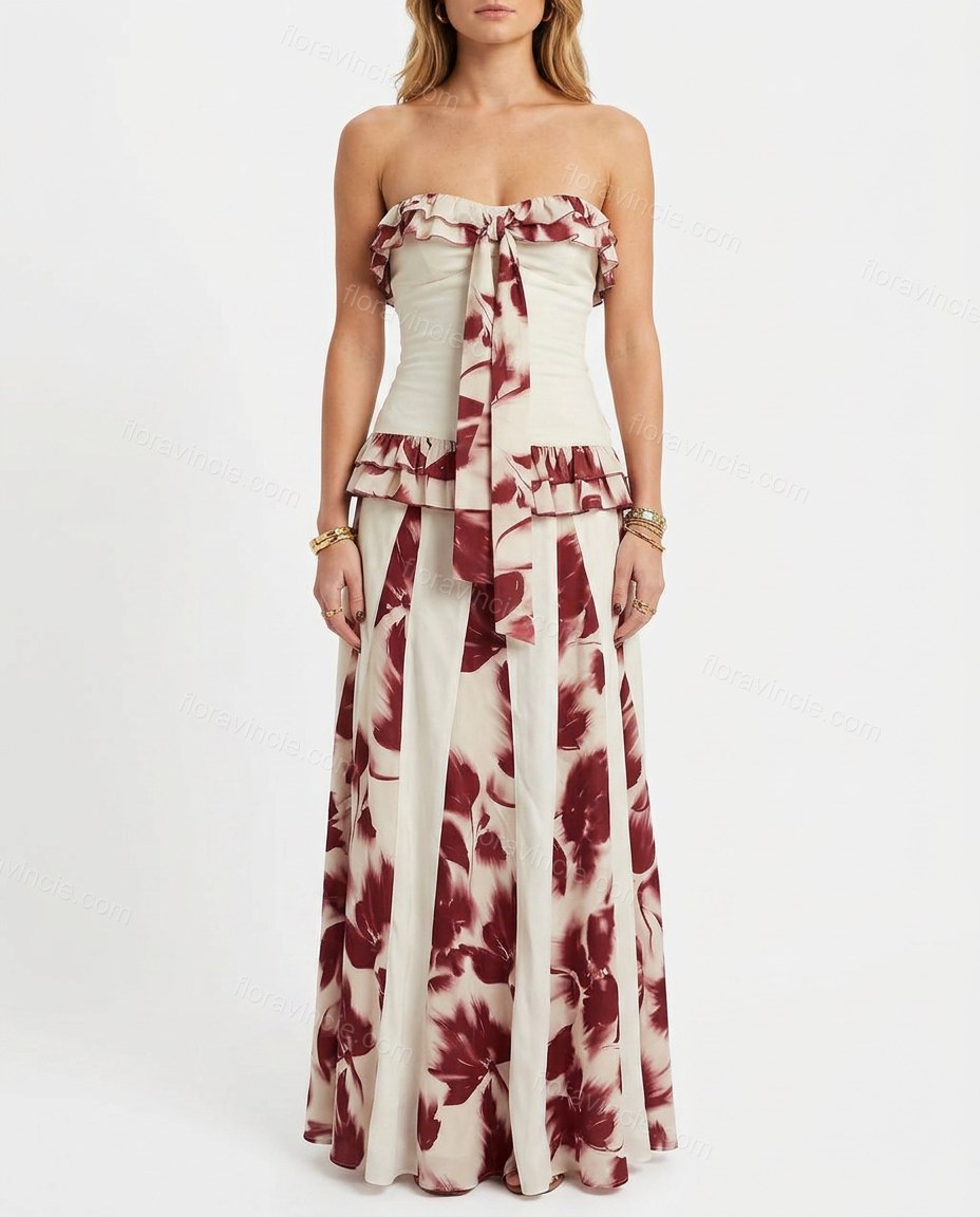 White Floral Maxi Strapless Dress, front studio view, by Floravincie