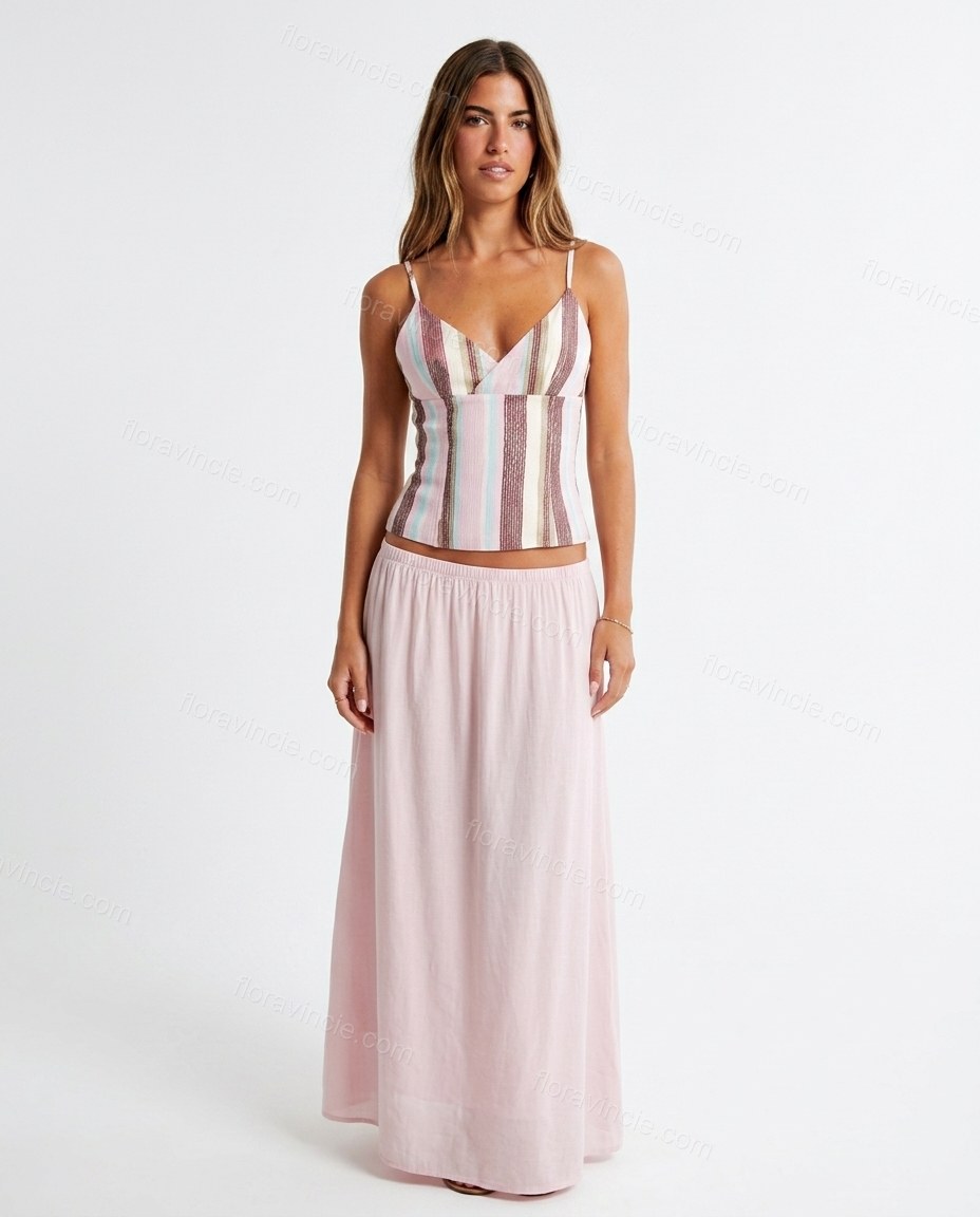 Pink Striped Maxi Lace Top & Skirt Set, front studio view, by Floravincie