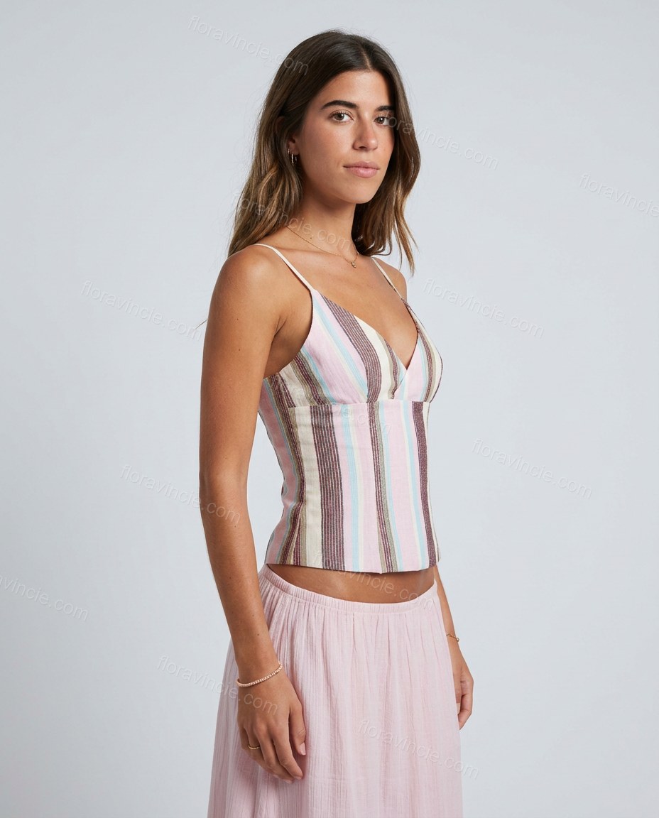 Pink Striped Maxi Lace Top & Skirt Set, side and back studio view, by Floravincie