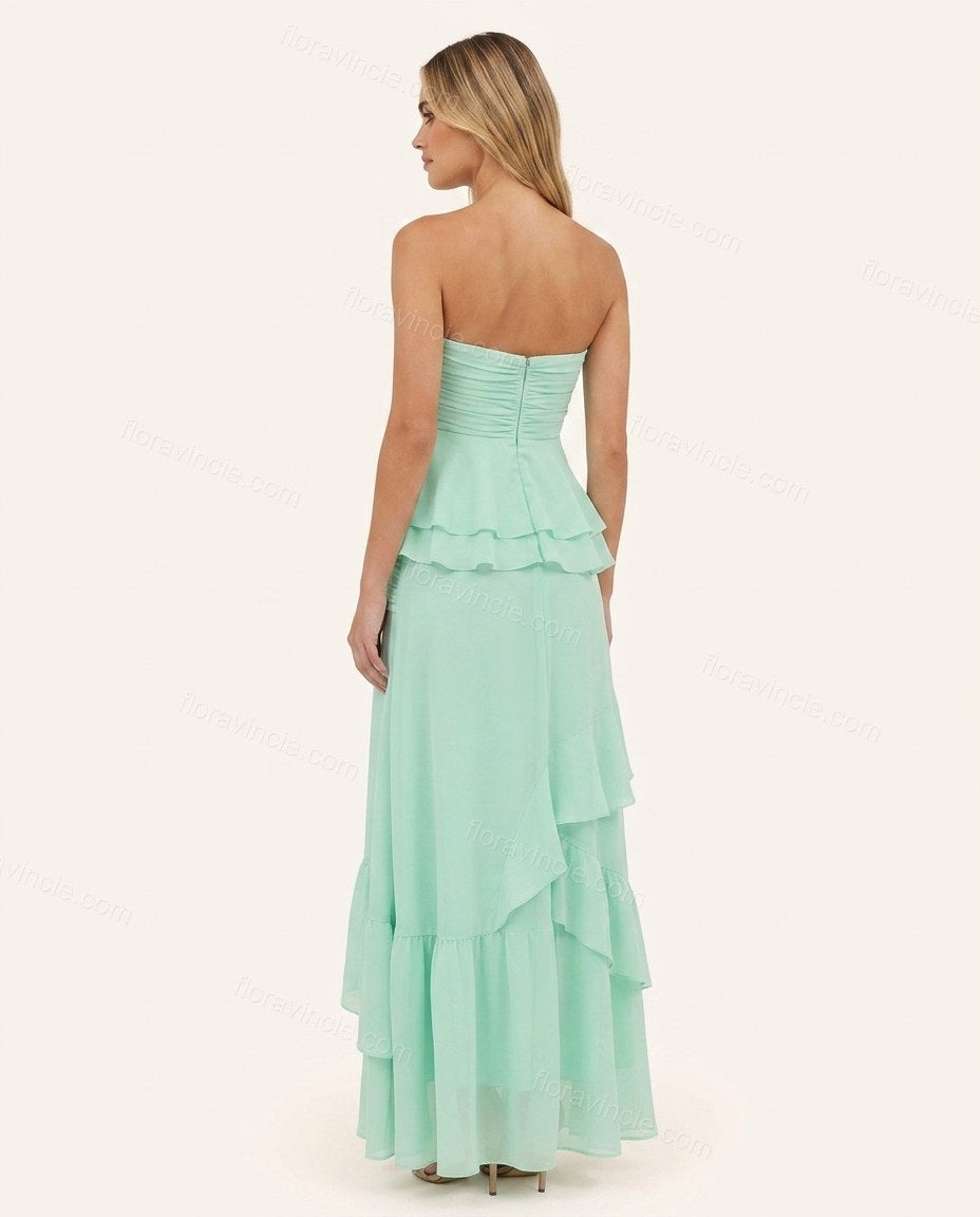 Mint Green Strapless Ruffled Peplum Dress, back studio view showing straight back with zipper closure and ruched bodice detail, by Floravincie