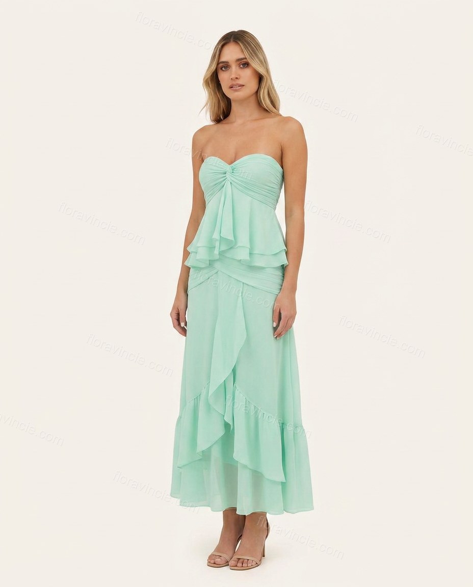 Mint Green Strapless Ruffled Peplum Dress, front studio view, by Floravincie